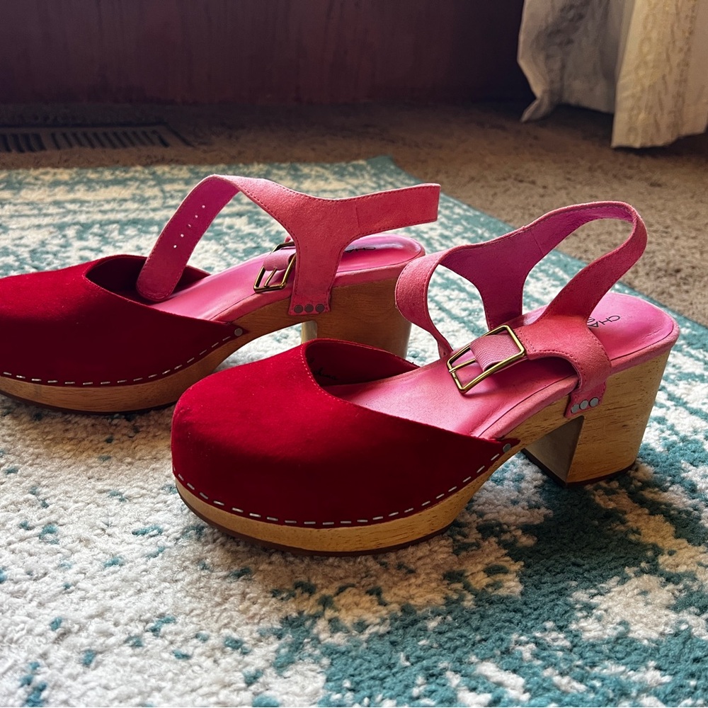 Charlotte Stone Pink Red Suede Clog Heels with Adjustable Strap